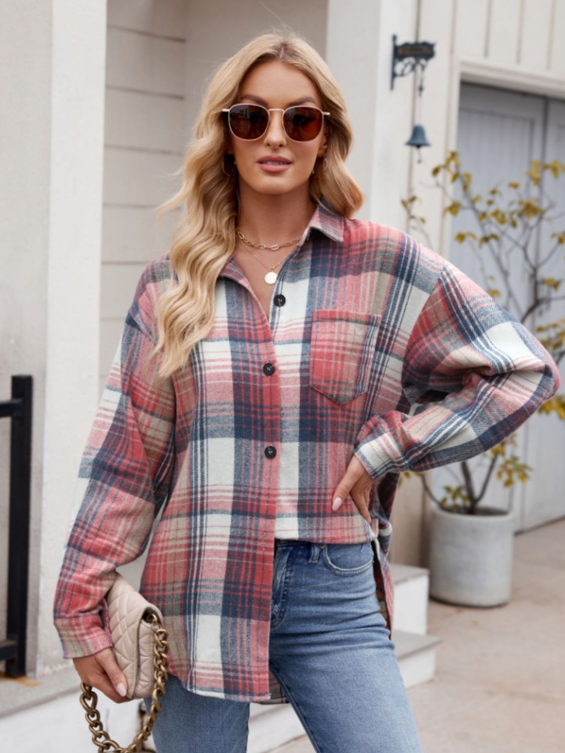 Stretchy Plaid Button-Down Shirt Orange-Red