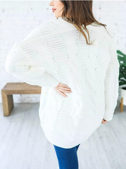 Cable-Knit Open Front Long Sleeve Cardigan White