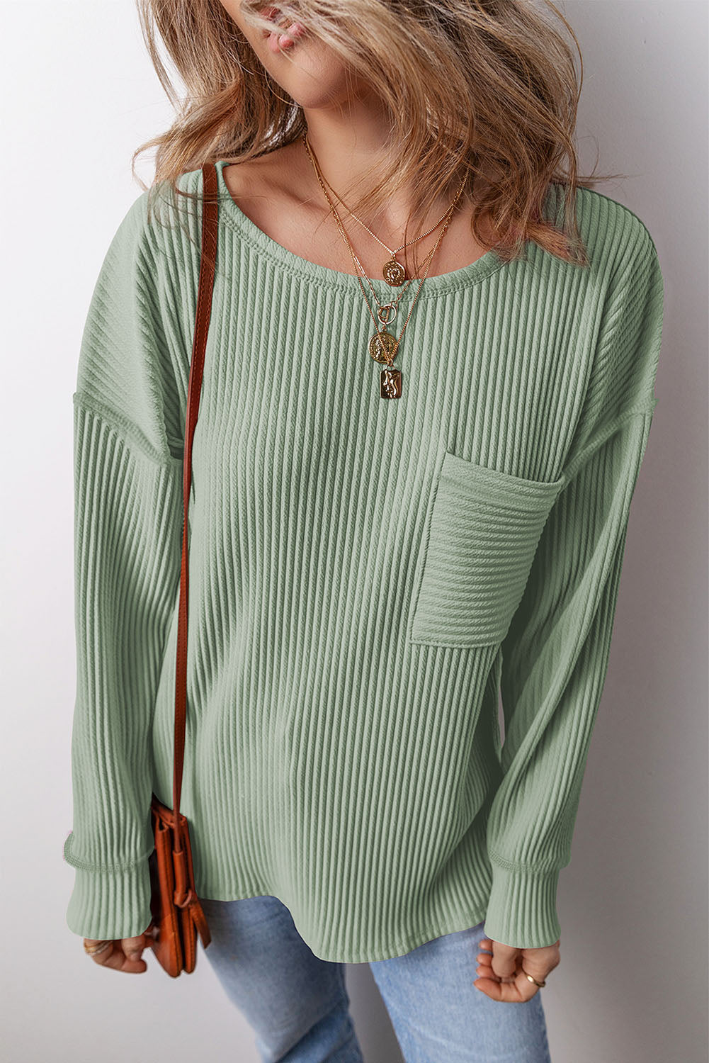 Pocketed Round Neck Long Sleeve Top Sage