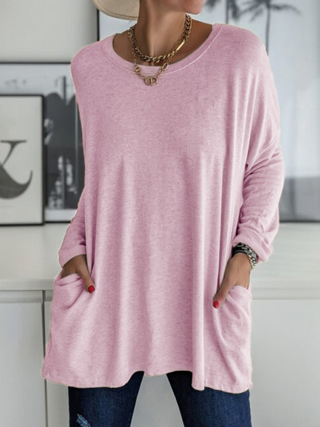 Full Size Round Neck Long Sleeve T-Shirt Blush Pink