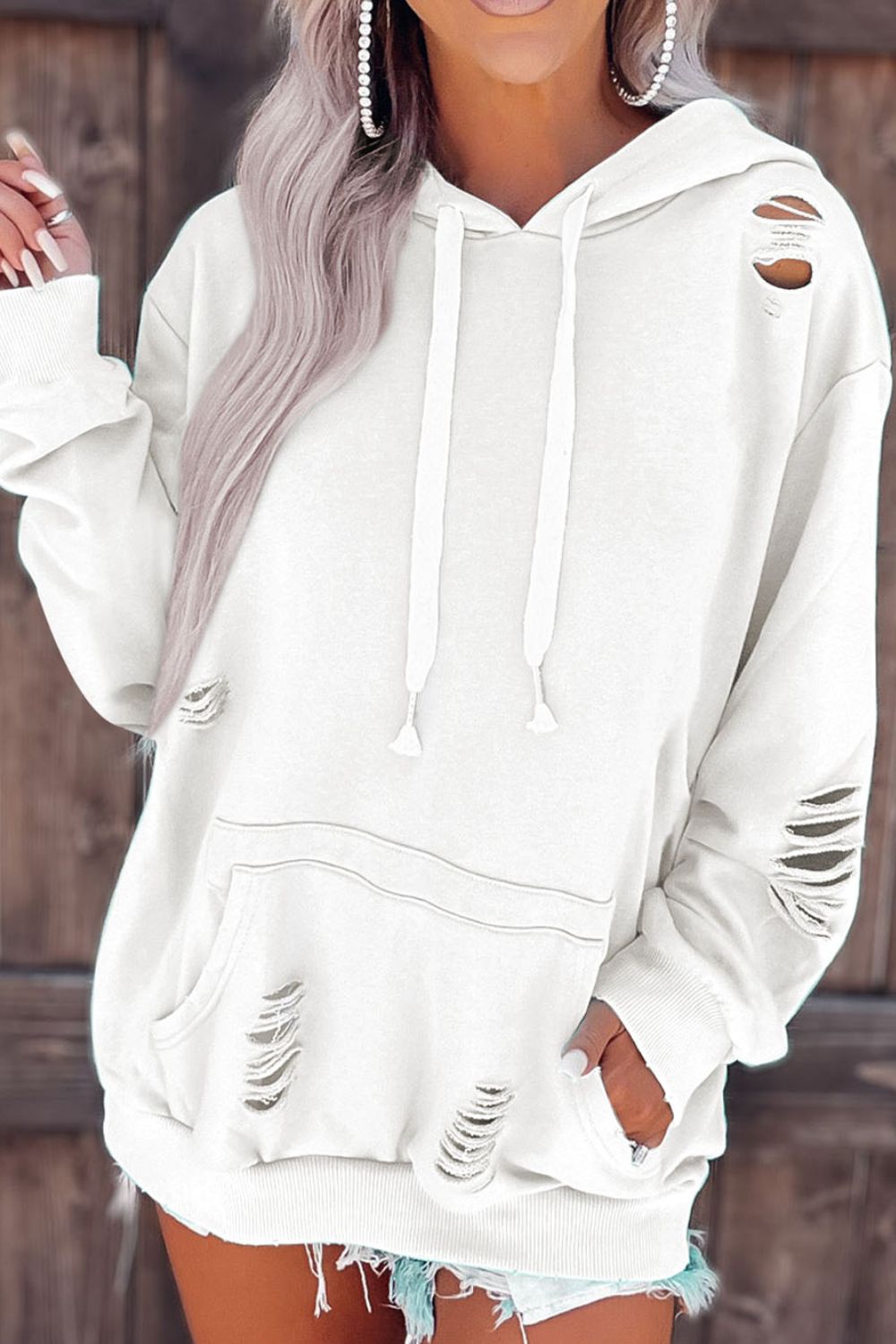 Distressed Drawstring Long Sleeve Hoodie White