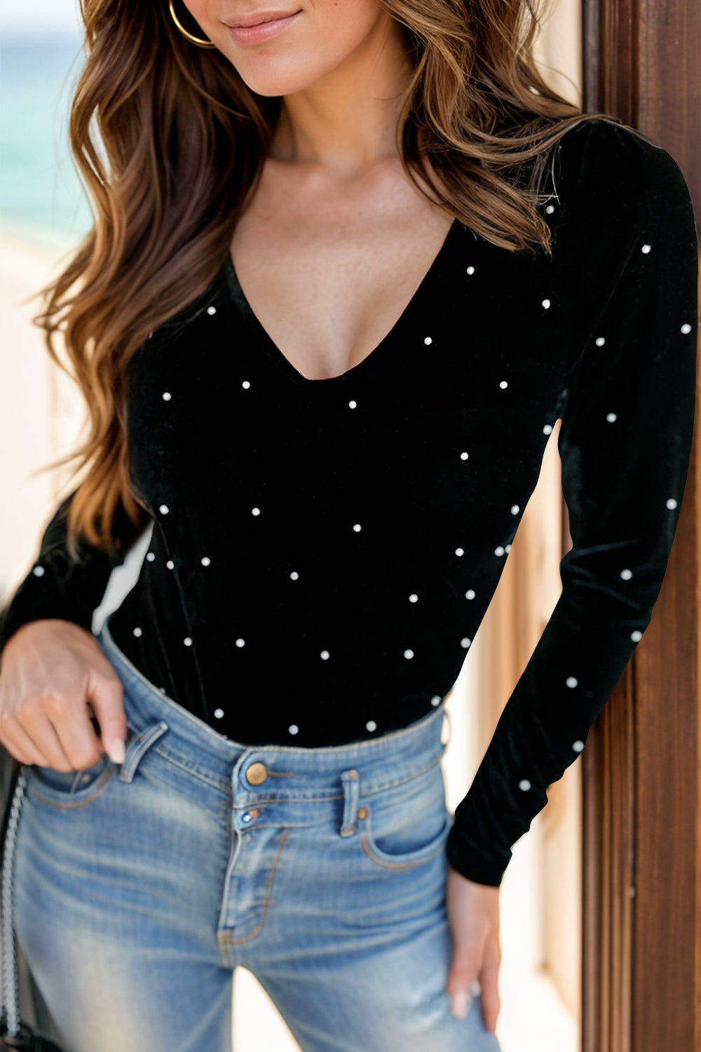 Pearl Detail V-Neck Long Sleeve Bodysuit Black