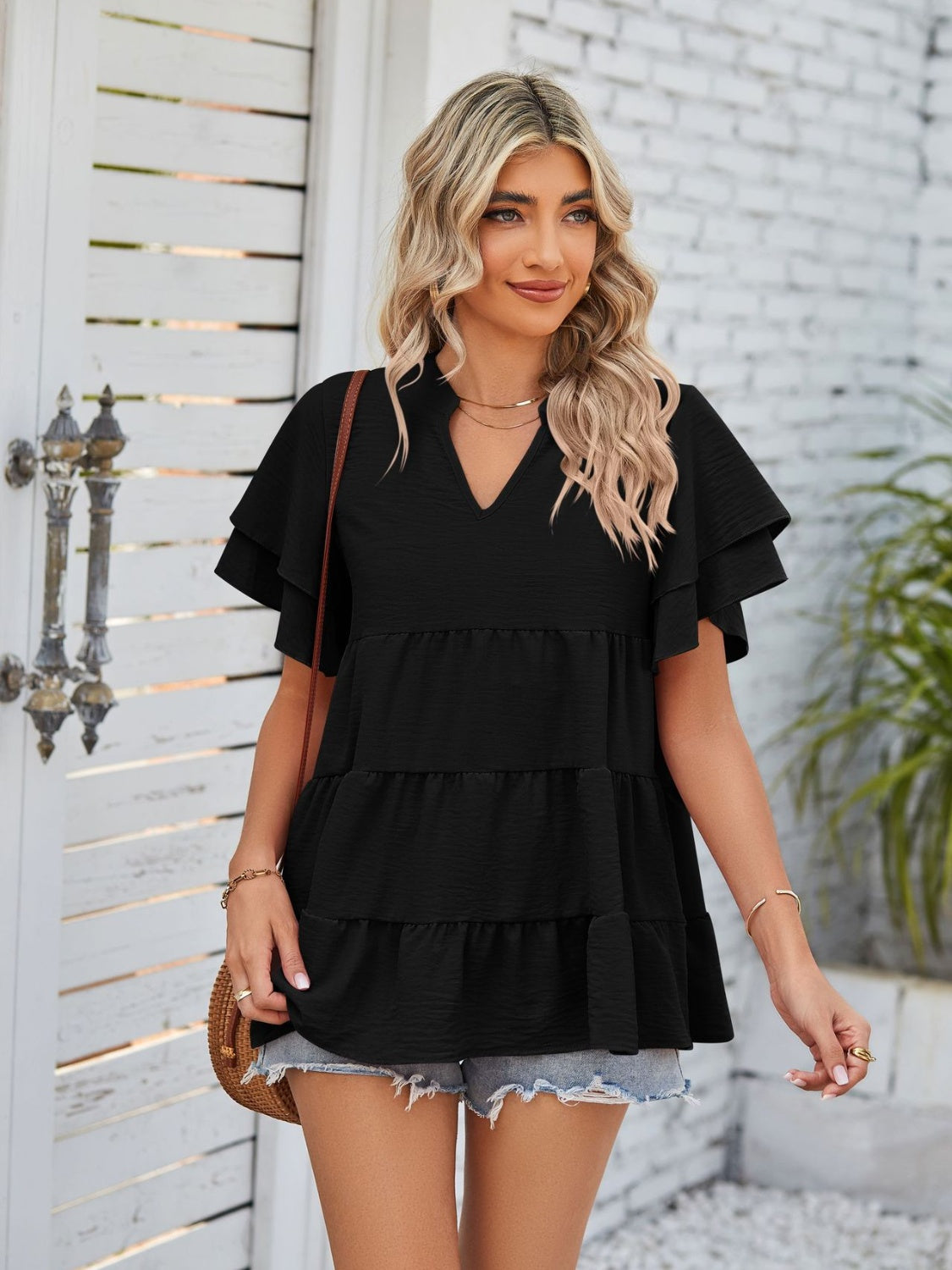 Tiered Notch Neck Blouse Black