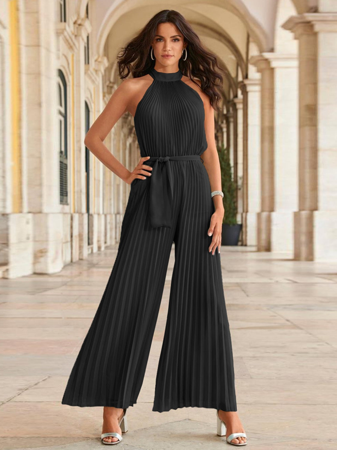 Cutout Tied Pleated Sleeveless Jumpsuit Black