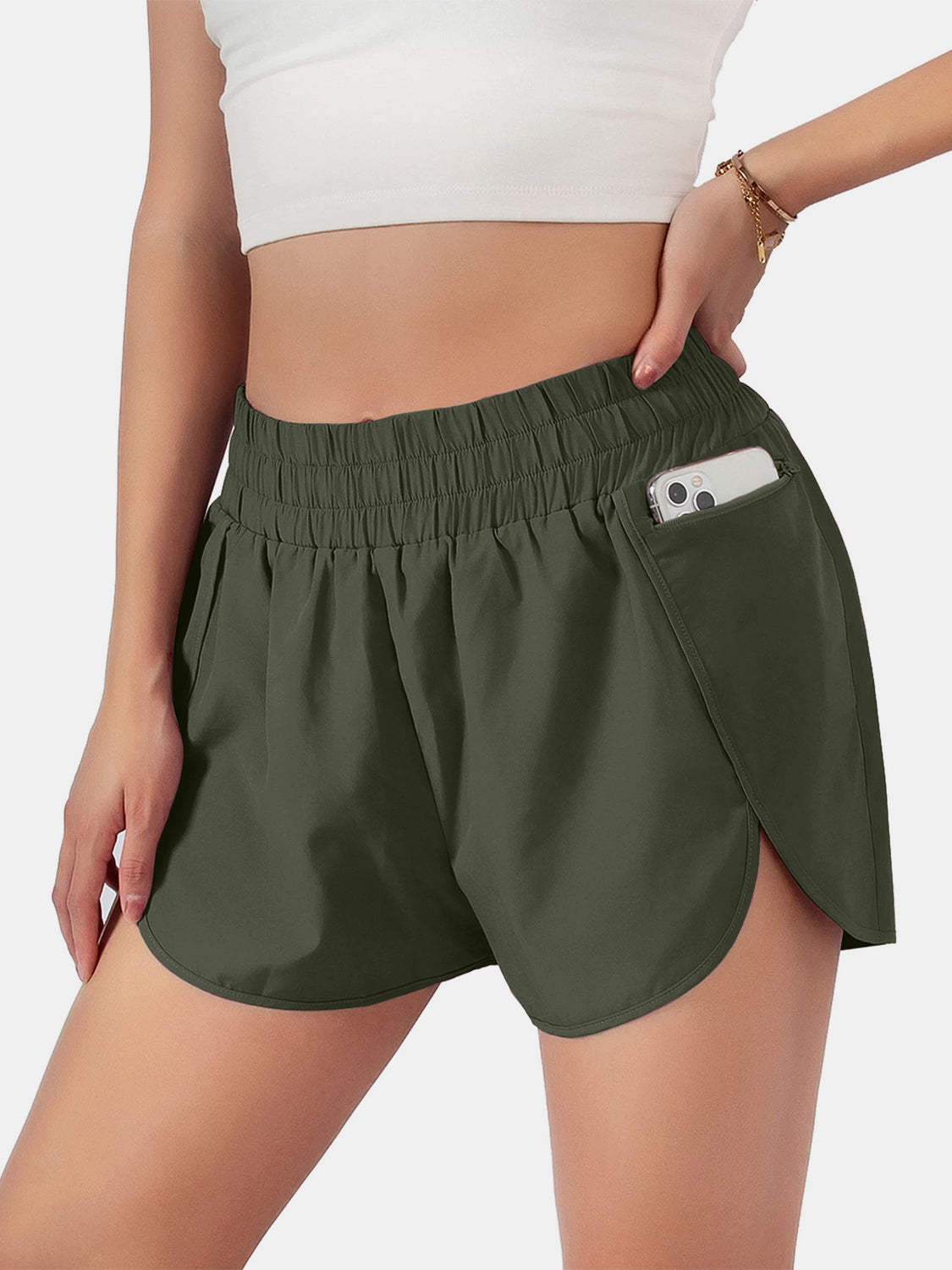 Elastic Waist Active Shorts Army Green