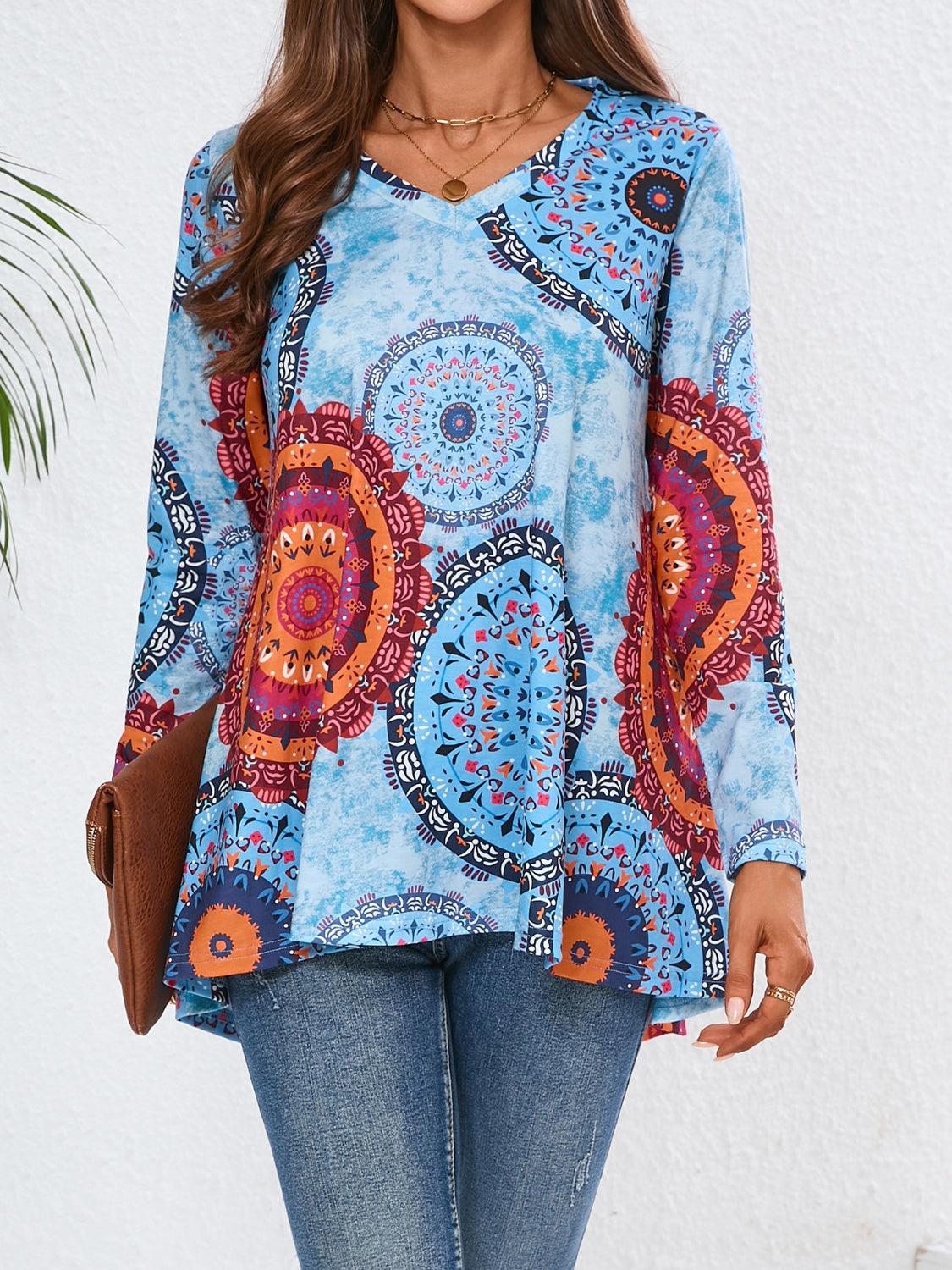 Geometric Printed V-Neck Long Sleeve T-Shirt Pastel Blue