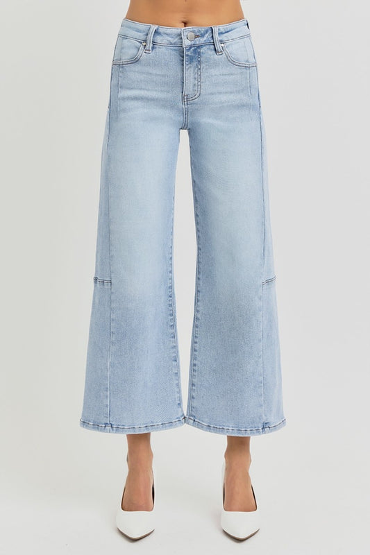 RISEN Full Size High Rise Seamed Detail Wide Leg Crop Jeans Light