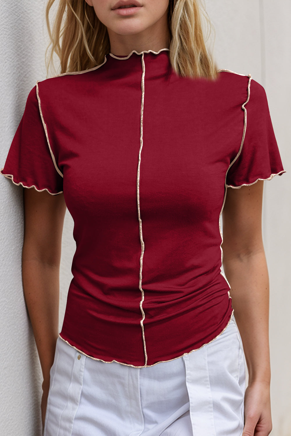 Basic Bae Contrast Trim Mock Neck Short Sleeve T-Shirt Deep Red