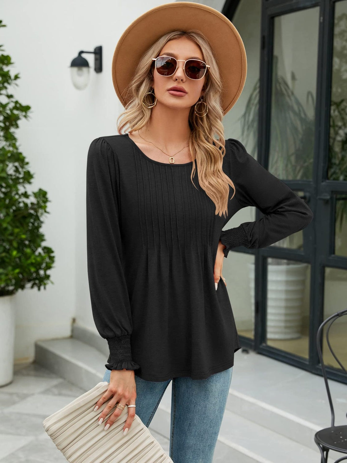 Smocked Round Neck Lantern Sleeve Blouse Black