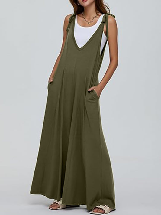 V-Neck Tie Shoulder Jumpsuit Army Green