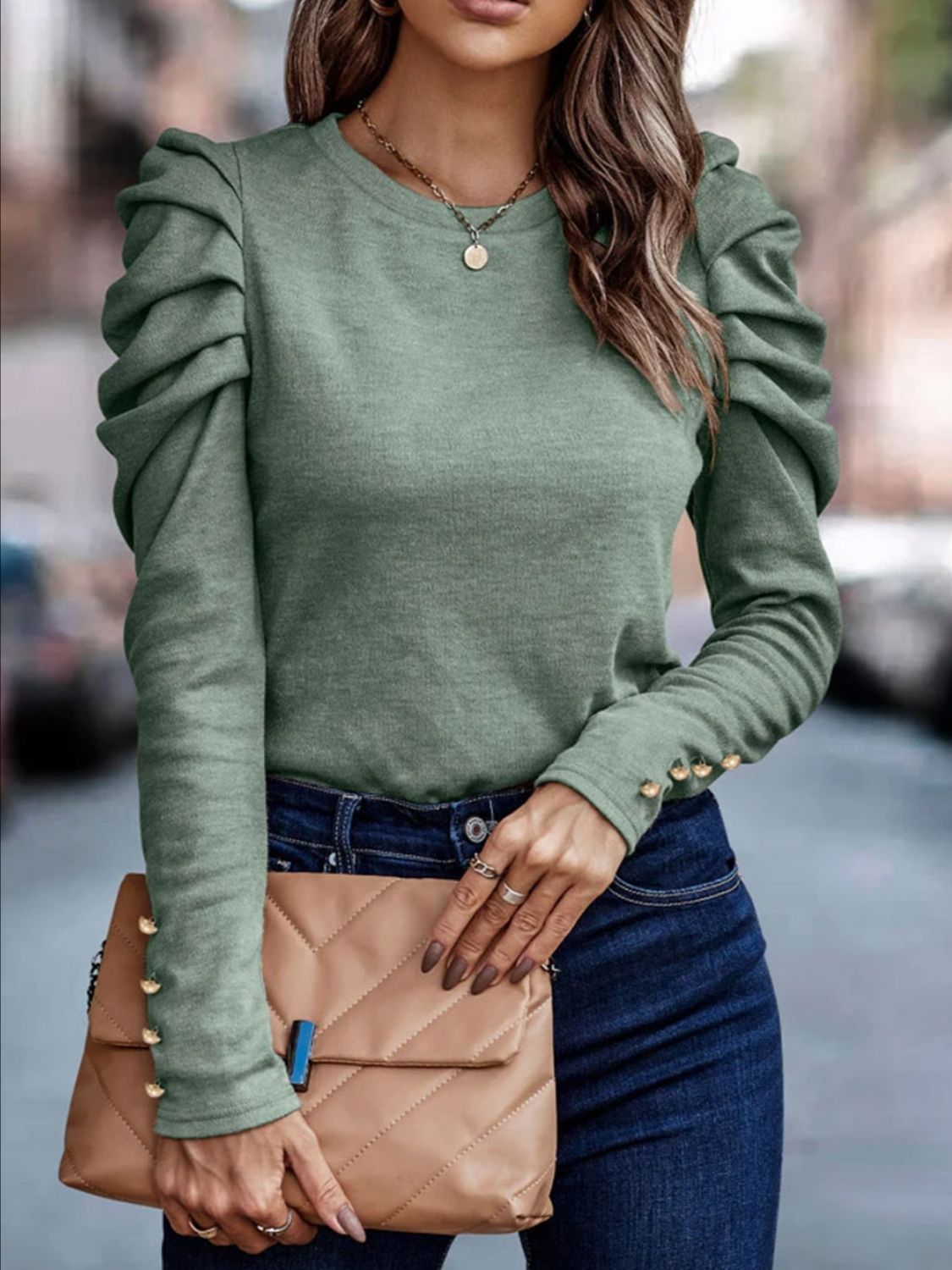 Round Neck Puff Sleeve Sleeve Blouse Sage