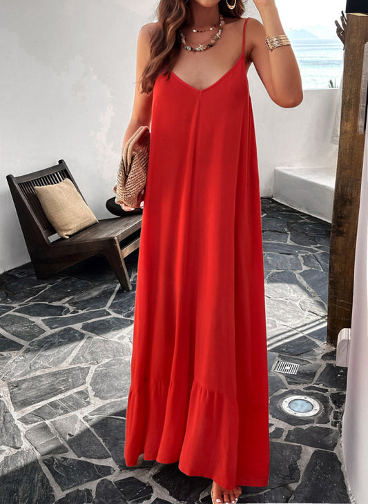 Elegant solid color loose suspender dress Red