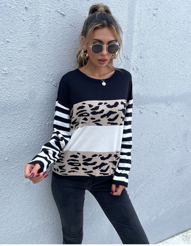 women's loose round neck pullover black and white leopard print sweater Black