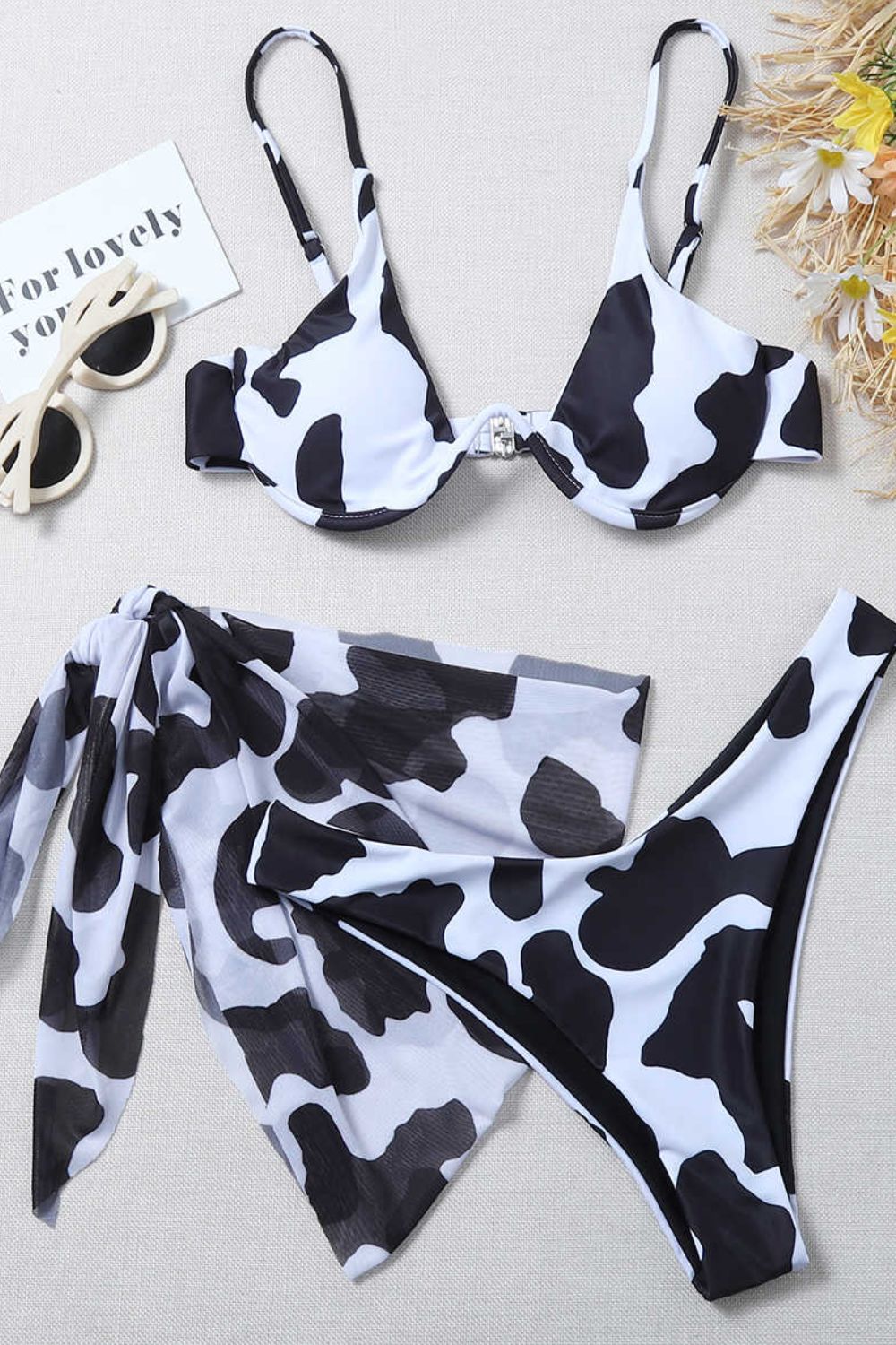 Animal Print 3-Piece Bikini Set with Sarong