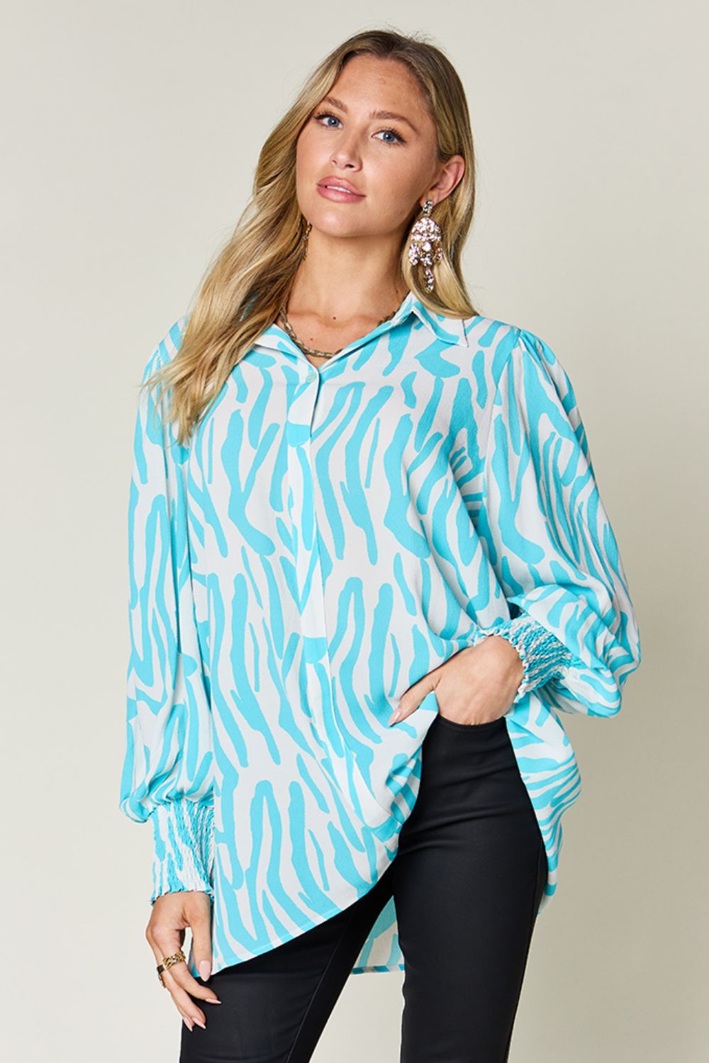 Smocked Long Sleeve Top with Alluring Print Tiffany Blue