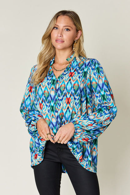 Printed Balloon Sleeve Blouse Sky Blue