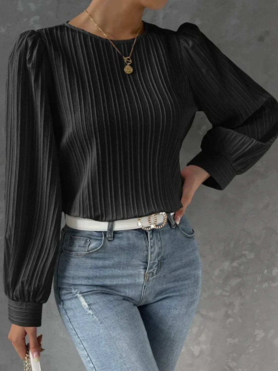 Round Neck Long Sleeve Blouse Black