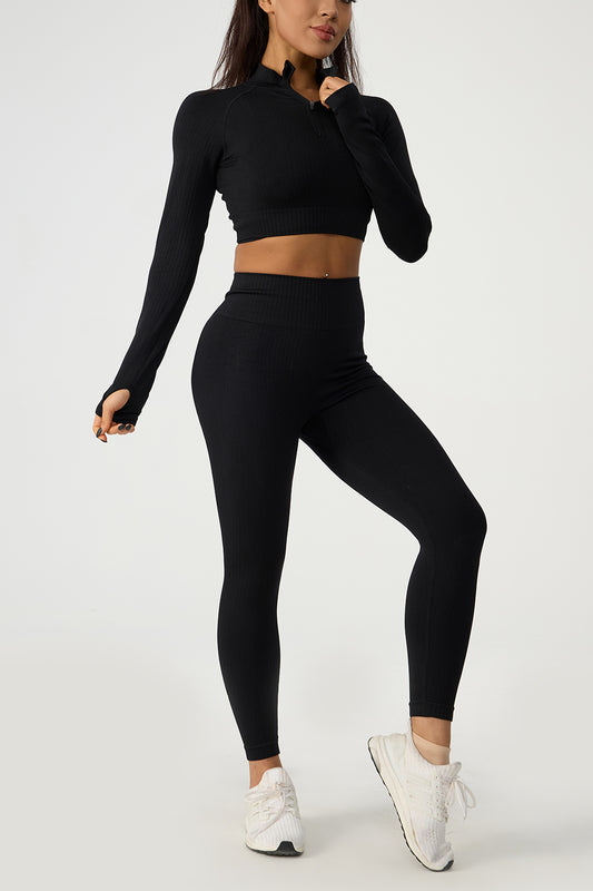 Quarter Zip Raglan Sleeve Top and High Waist Leggings Active Set Black