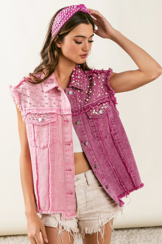 Patriotic Pearl & Rhinestone Vest for Women Pink Fuchsia