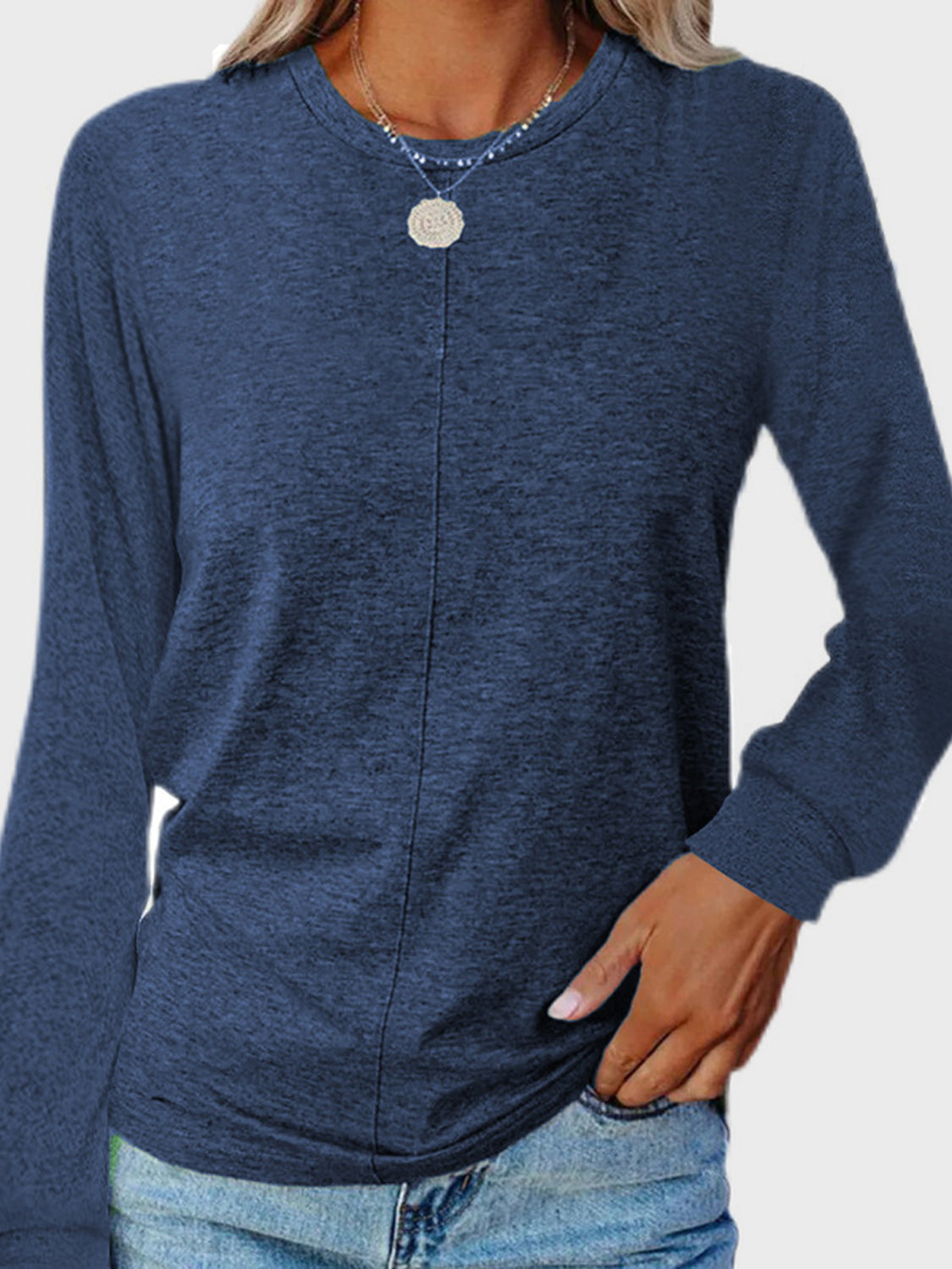 Full Size Round Neck Long Sleeve T-Shirt Peacock Blue