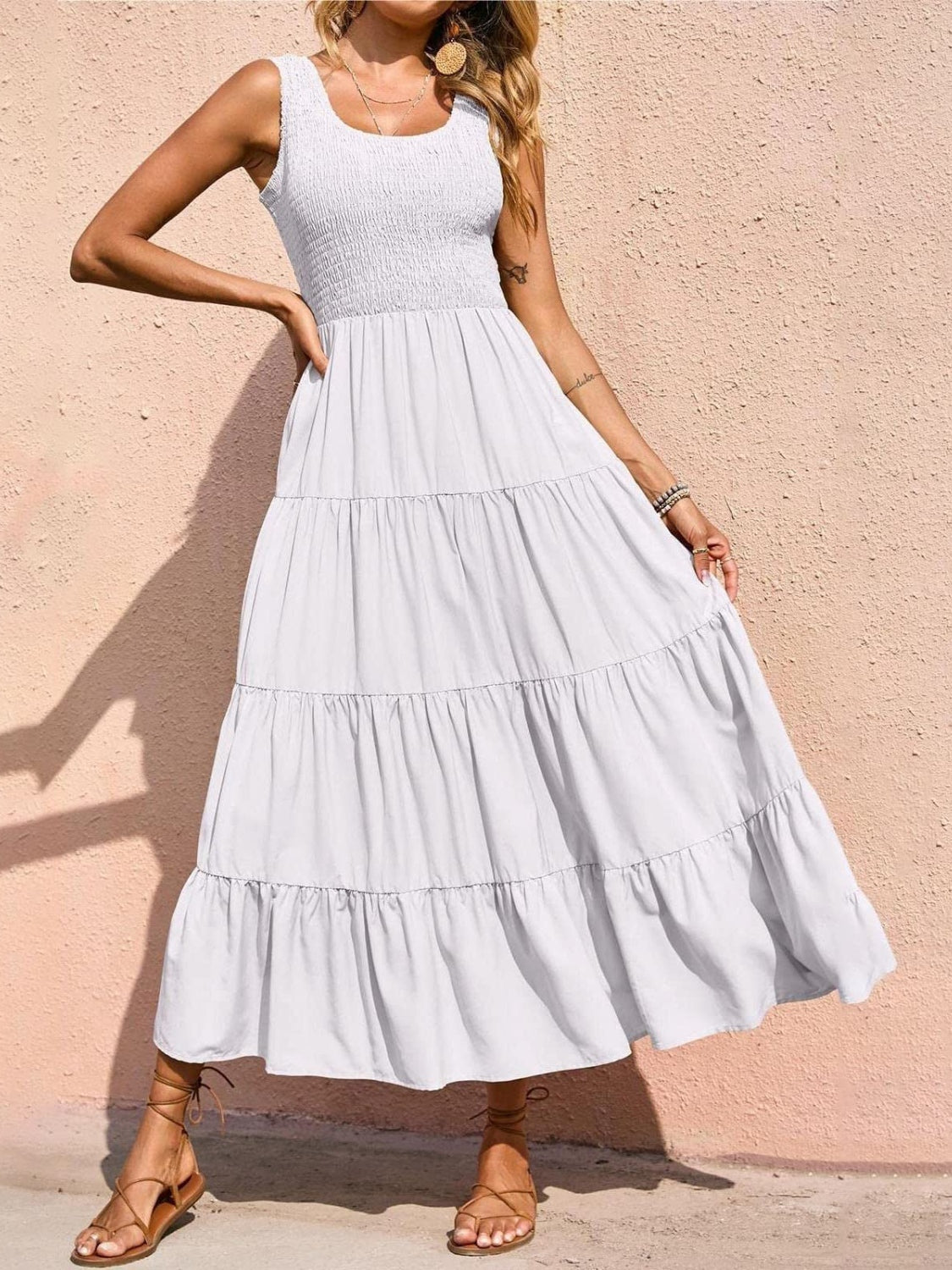 Smocked Tiered Midi Dress with Wide Straps