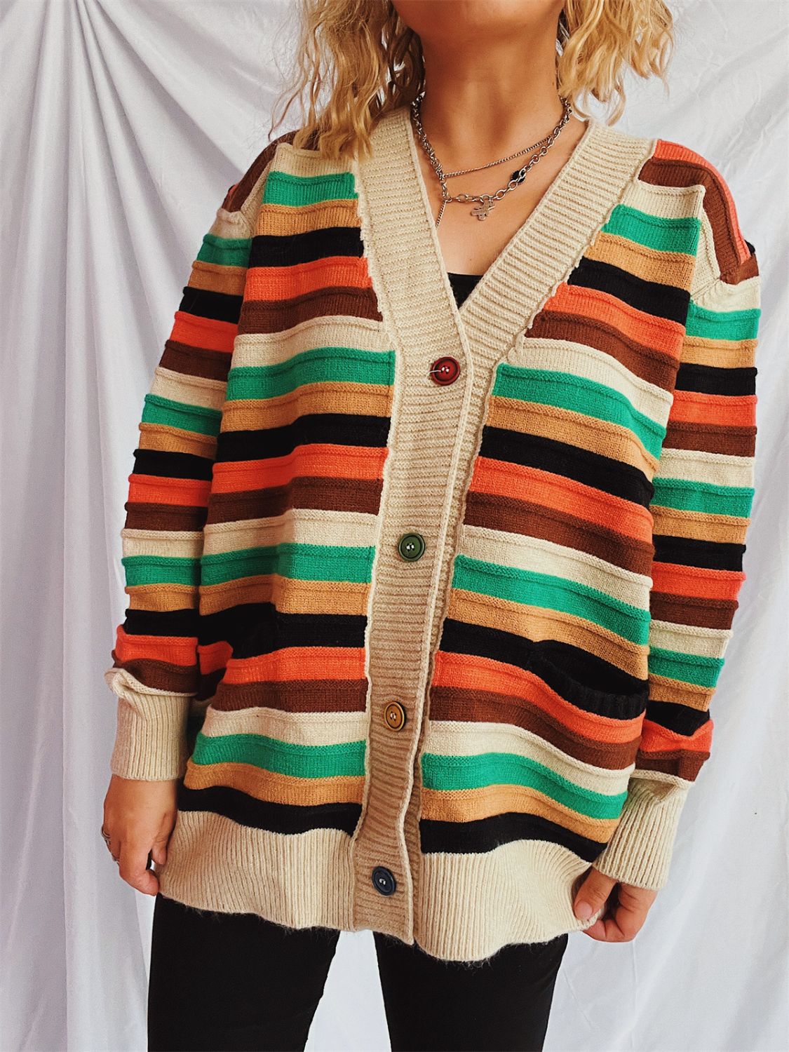 Contrast Stripes Button Up Long Sleeve Cardigan Tan One Size