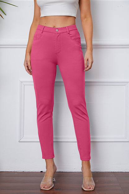 High Waist Stretchy Rayon Blend Pants Fuchsia Pink