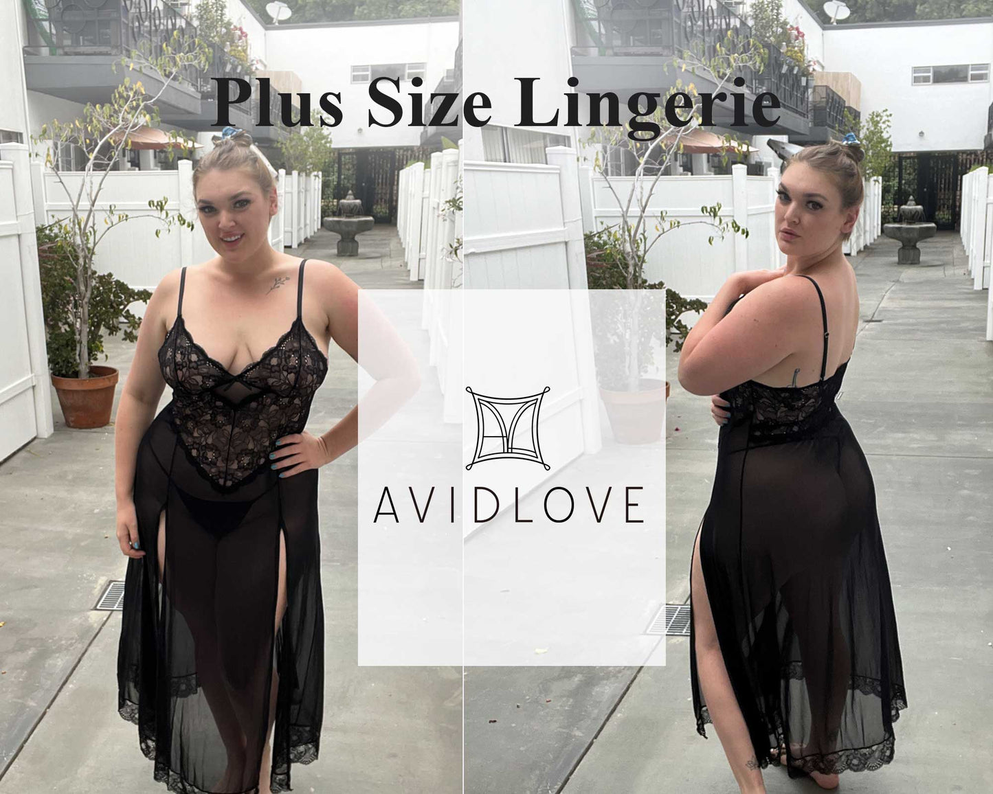 Valentine's Day - Plus Size Lingerie For Women Babydoll Sexy Mesh Maxi Nightdress Strappy Exotic Sleepwear Side Slits