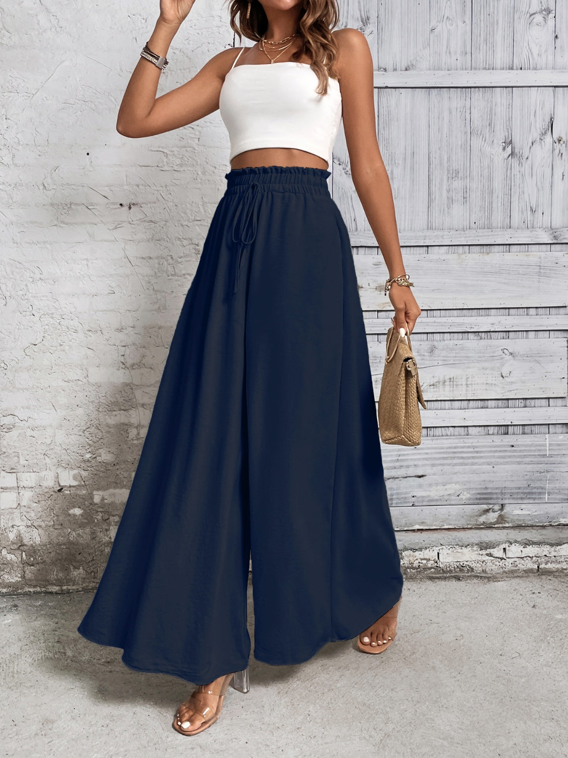 Tied High Waist Wide Leg Pants Dark Blue