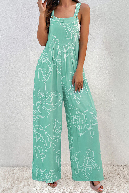 Printed Wide Strap Jumpsuit Turquoise