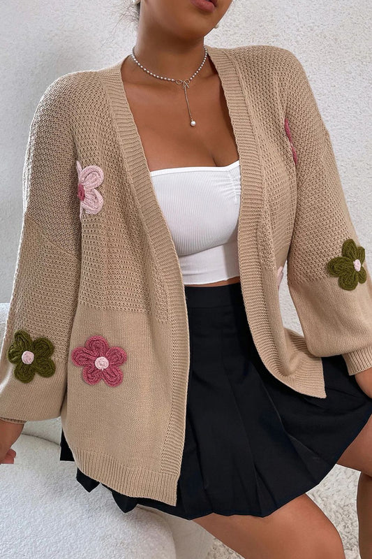 Floral Applique Drop Shoulder Open Front Cardigan Khaki