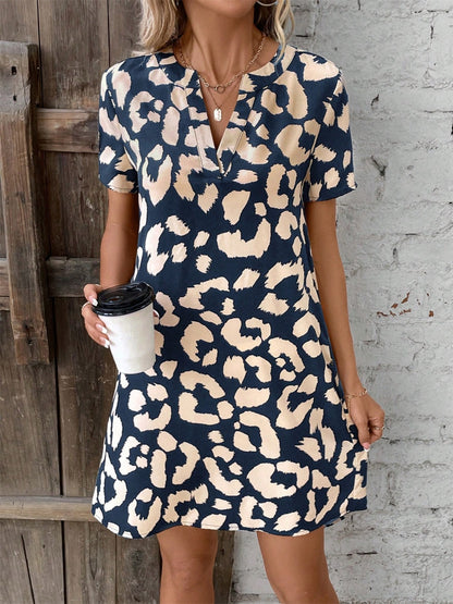 Printed Notched Short Sleeve Mini Dress Navy