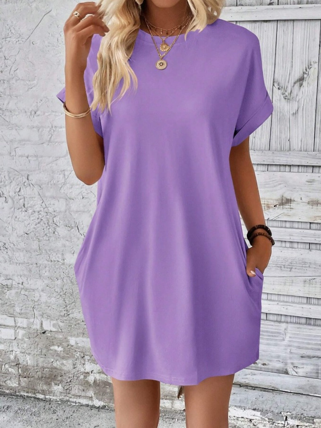 Casual Pocketed Round Neck Tee Dress Lavender