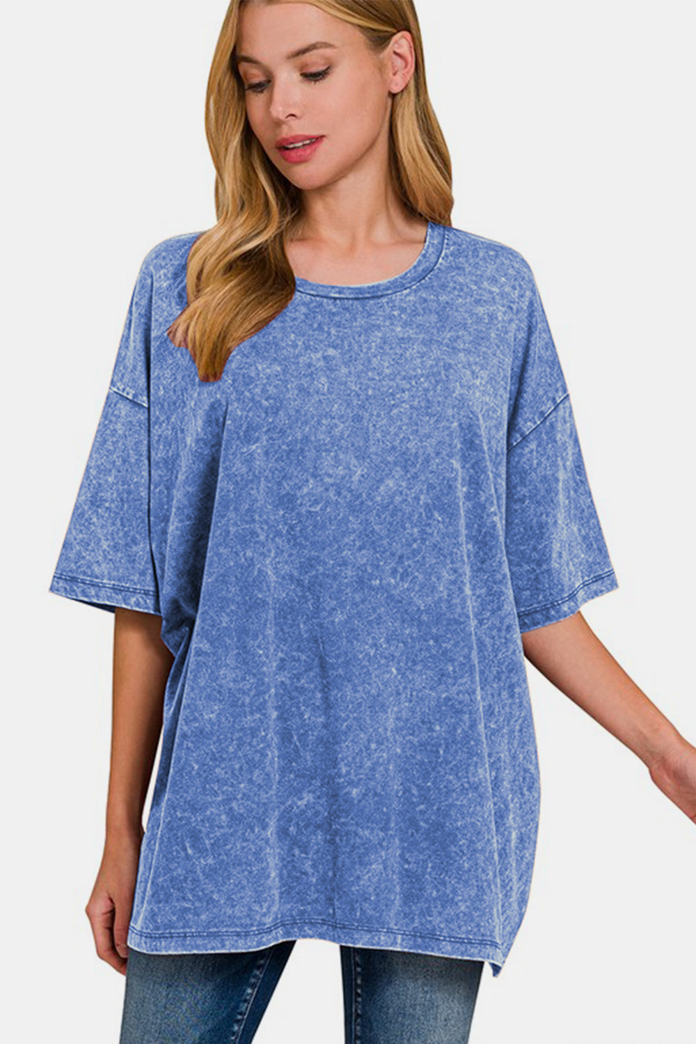 Zenana Full Size Washed Round Neck Drop Shoulder Oversized T-Shirt Blue