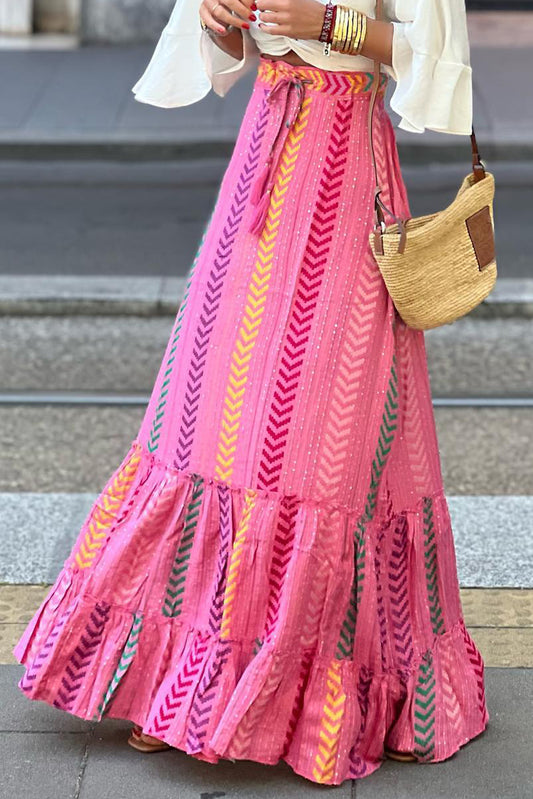 Drawstring Geometric High Waist Skirt Pink