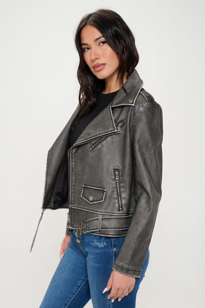 Vegan Leather Biker Jacket with Belt Black