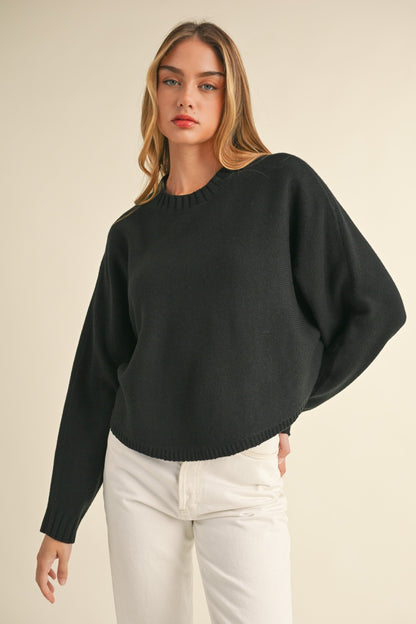 Mable Round Neck Dolman Sleeve Cropped Sweater Black