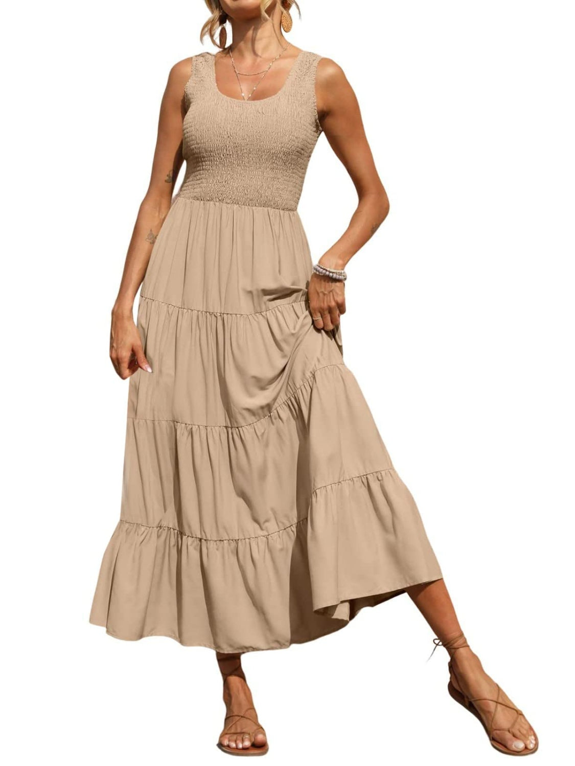 Smocked Tiered Midi Dress with Wide Straps