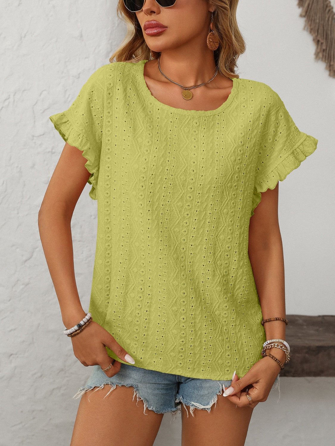 Mandy Eyelet Round Neck Short Sleeve Top Yellow-Green