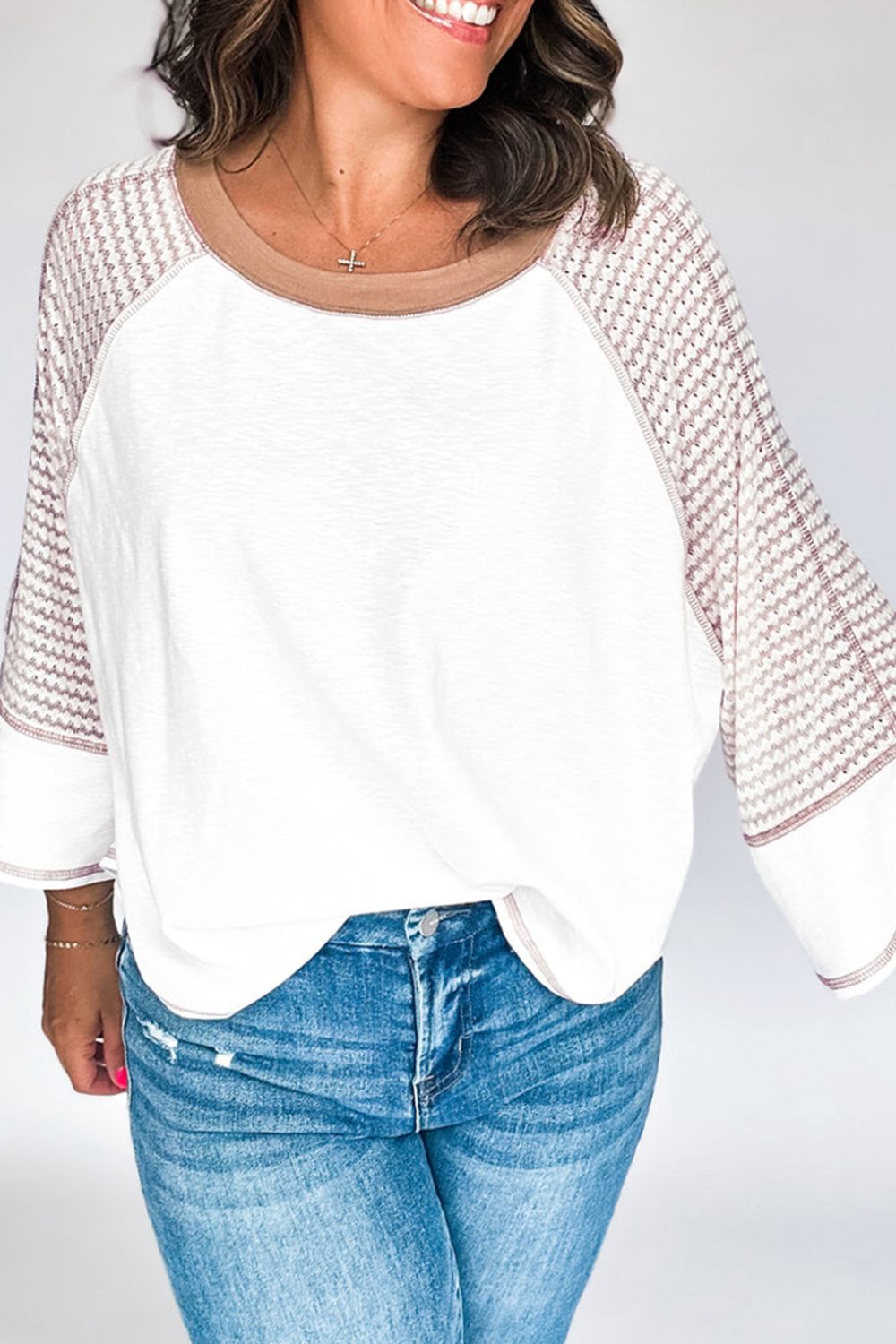 Striped Round Neck Raglan Sleeve Top Camel