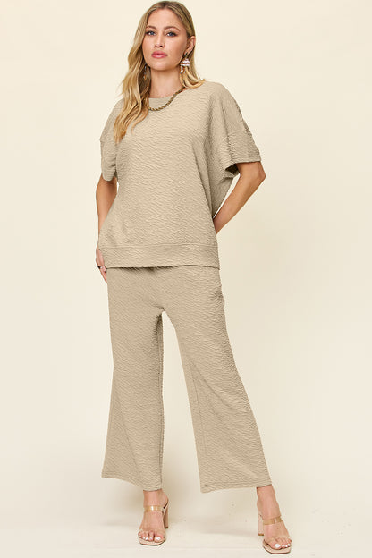 Textured Knit Short Sleeve Top and Pants Set Tan