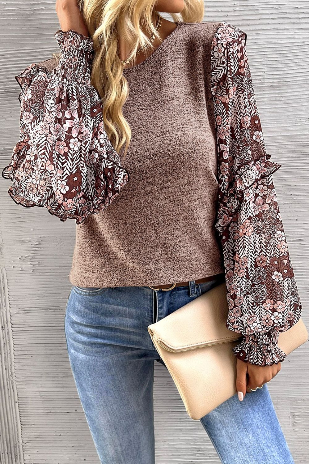 Heathered Floral Frill Lantern Sleeve Blouse