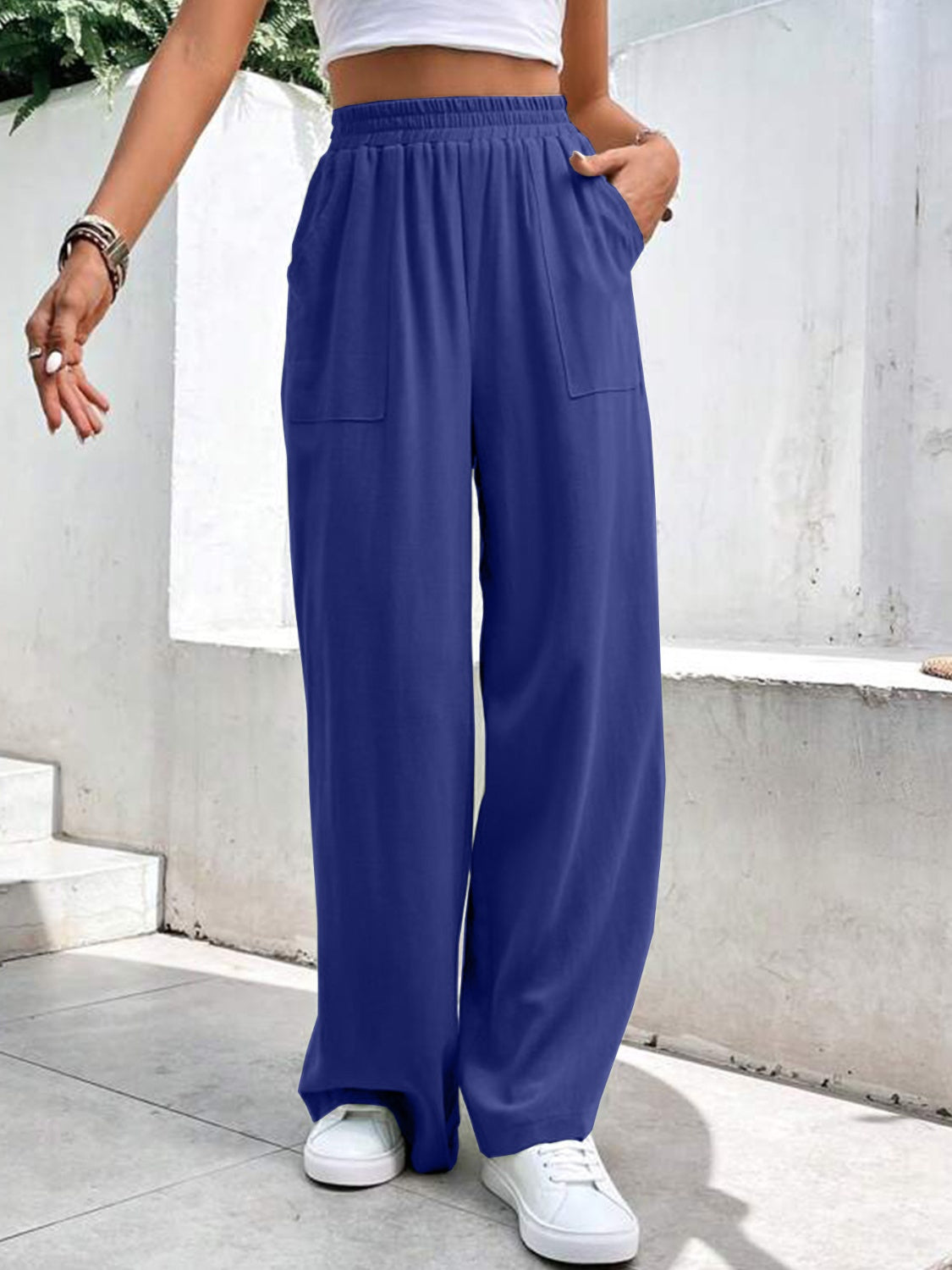 High Waist Wide Leg Pants with Pockets Royal Blue