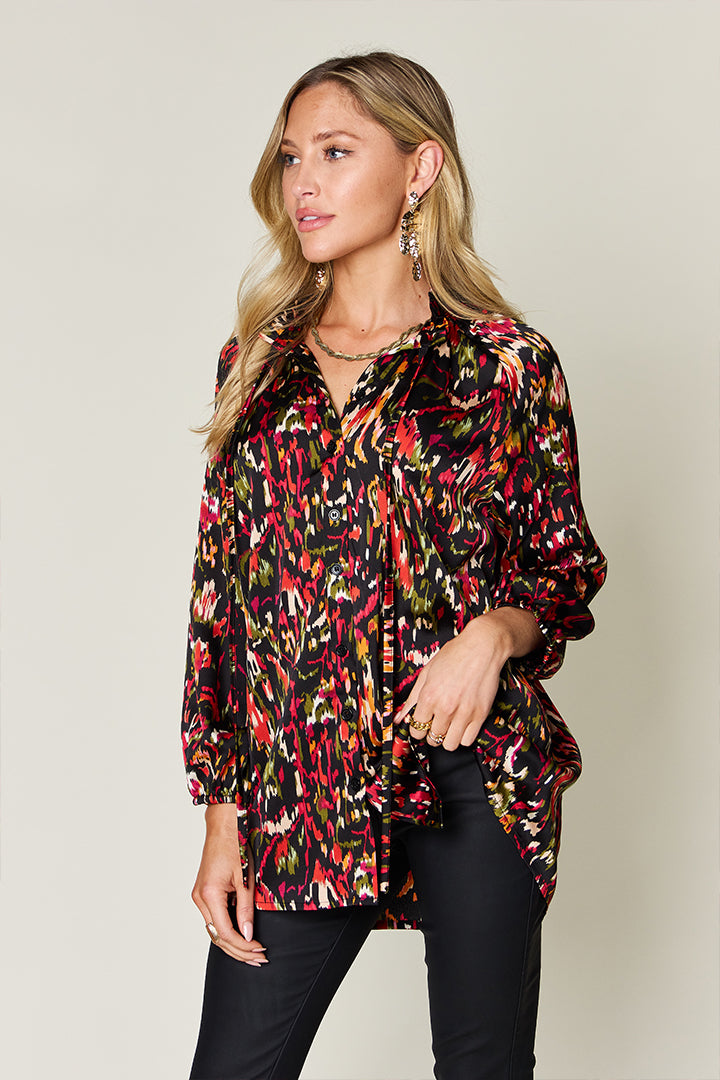 Printed Long Sleeve Button-Down Top Black