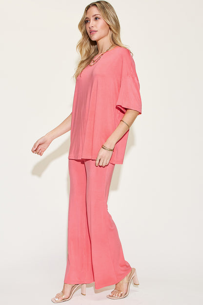 Comfy Bamboo Drop Shoulder Tee & Flare Pants Set