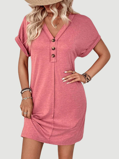 Quarter Button V-Neck Short Sleeve Dress Burnt Coral