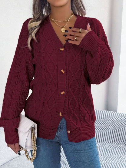 Cable-Knit Long Sleeve Cardigan Burgundy