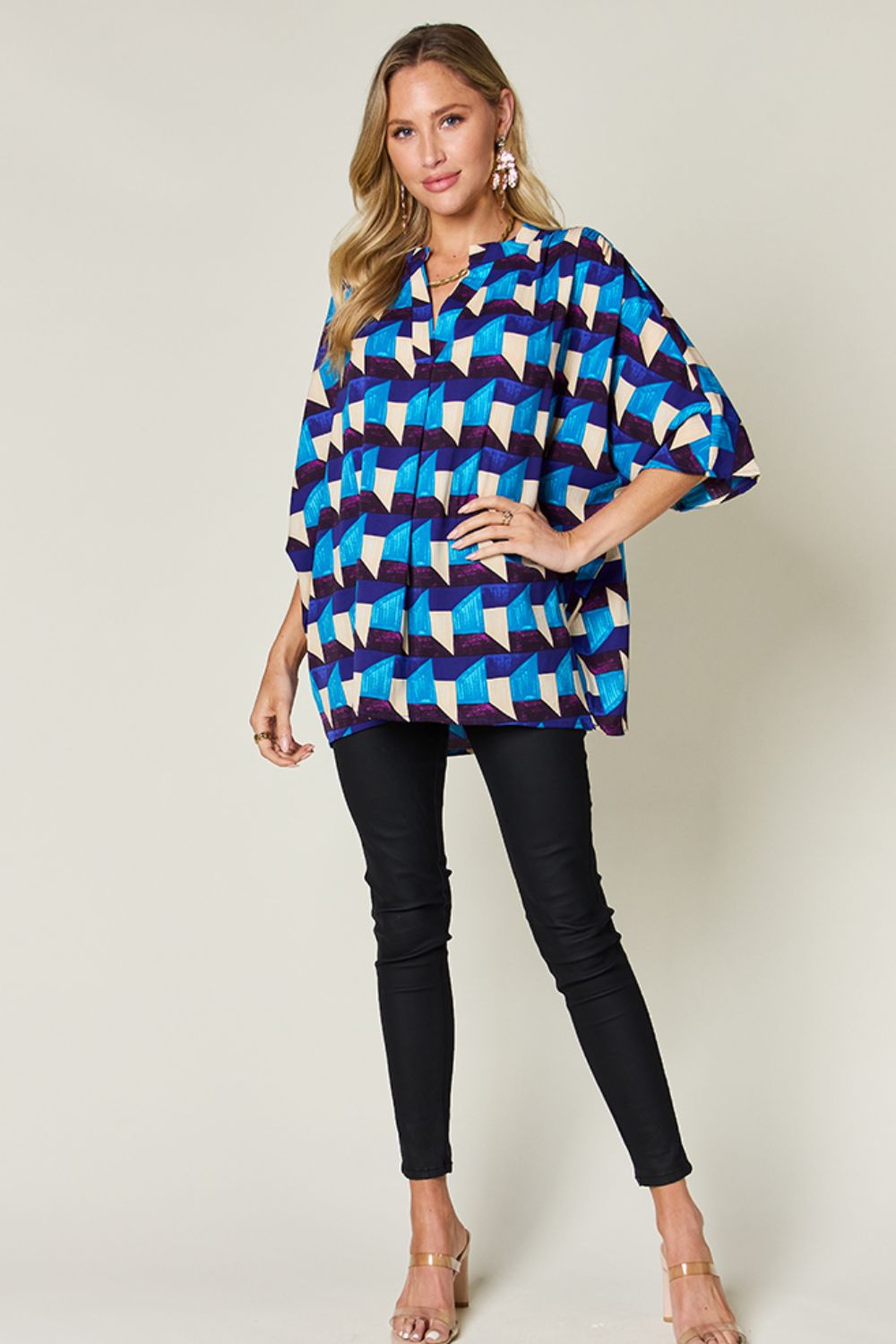 Printed Notched Neck Blouse with Short Sleeves