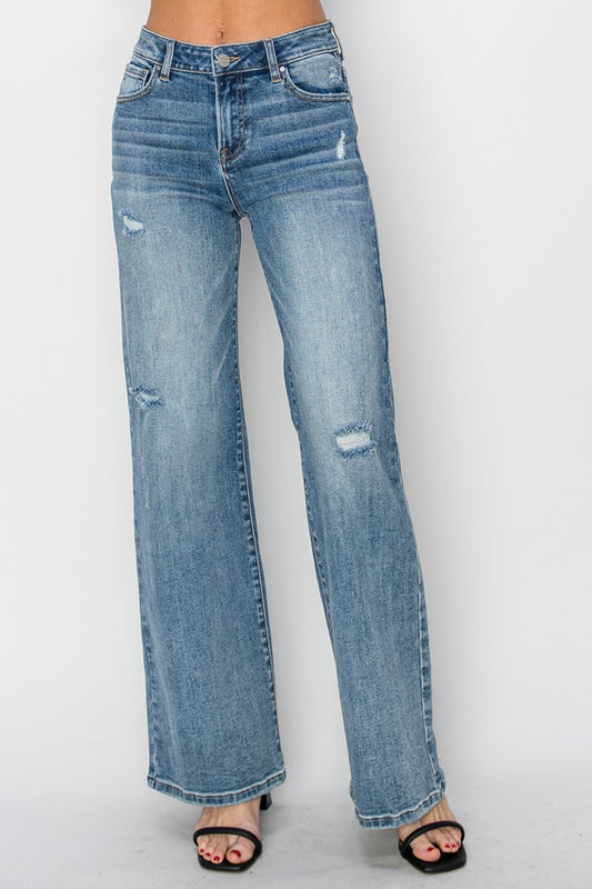 RISEN Full Size High Waist Distressed Wide Leg Jeans Medium