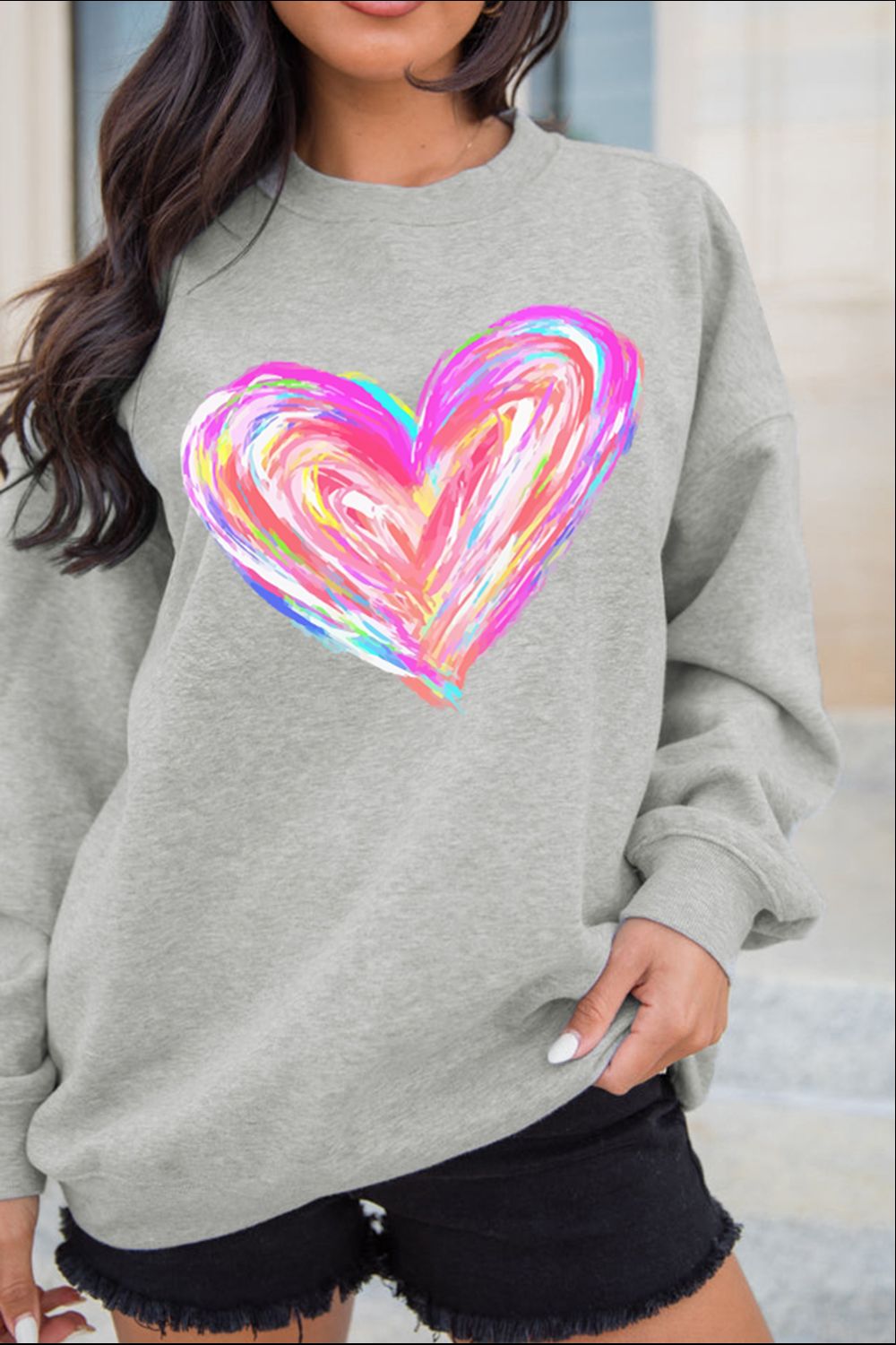 Valentine’s Day Heart Round Neck Drop Shoulder Sweatshirt Gray